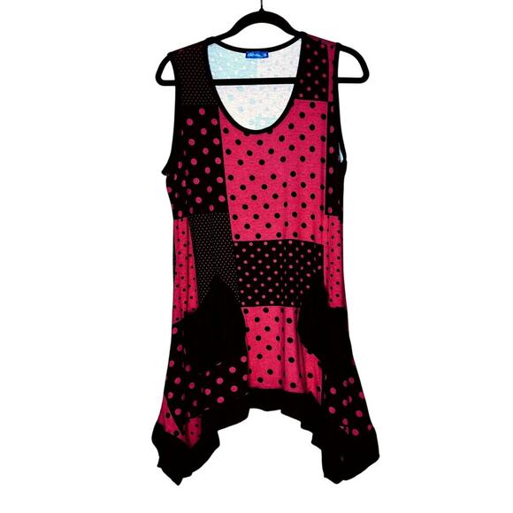 Aster womens size XL top red/black polk-a-dot high-low hem pockets lagenloook - Picture 1 of 8
